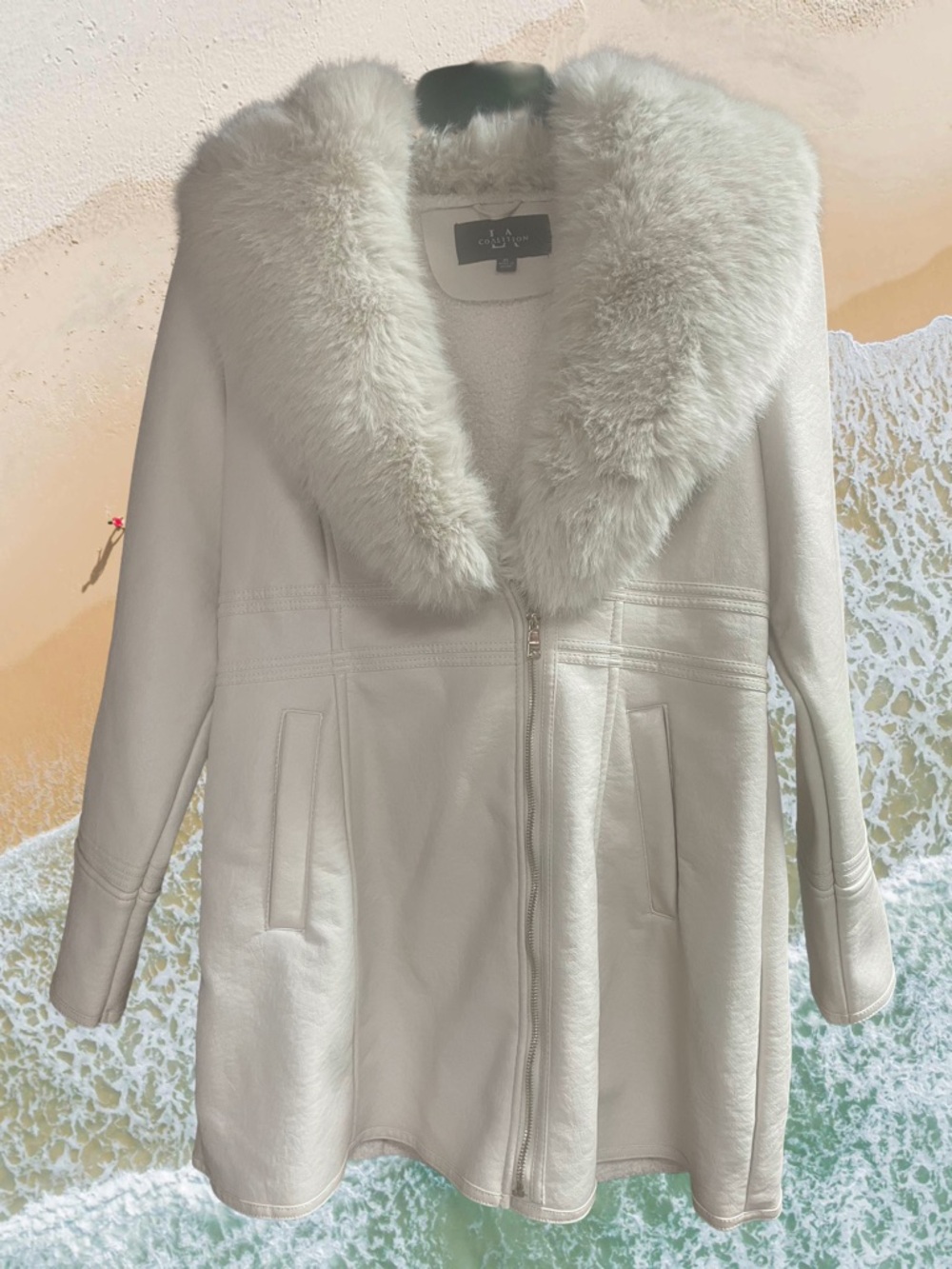 Cream Designer Vegan Leather Jacket with Fur Collar-NWOT